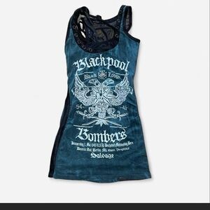 SALVAGE "Blackpool Bombers" Blue Mesh Back Graphic Dress. Fits S-L